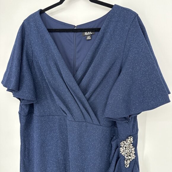 SLNY Womens Plus Size 22W Navy Blue Glitter Beaded Flutter Sleeve Cocktail Dress - Picture 4 of 11